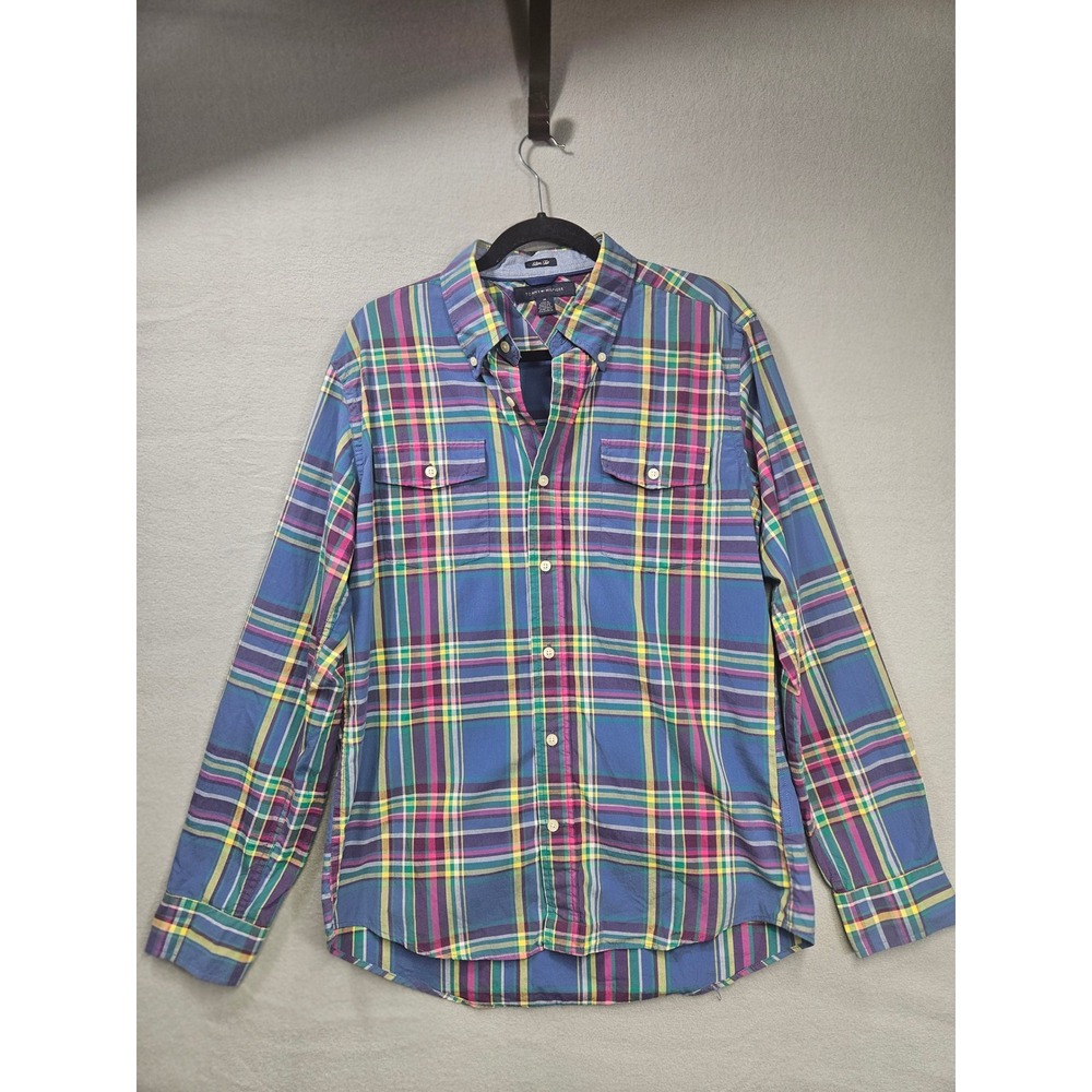 Tommy Hilfiger Mens Slim Fit Plaid Button Down Shirt Blue Purple Yellow Size M